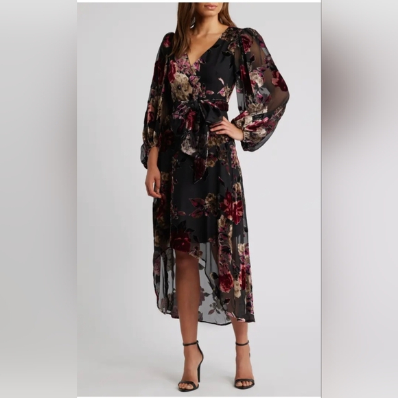Eliza J Floral Burnout Long Sleeve High-Low Cocktail Dress Sz 14 NO BELT - Picture 1 of 13